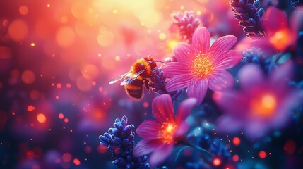 A bee on a purple flower with a bright background