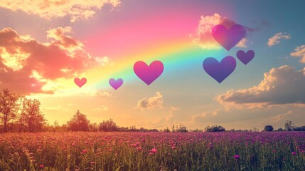 Fototapeta premium Rainbow Hearts Over Sunset Field Of Flowers