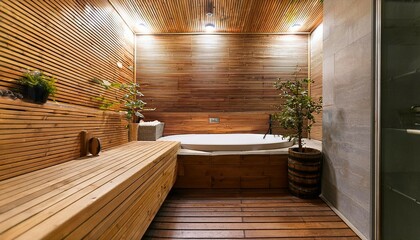a bathroom with a wooden sauna attached offering a luxurious relaxation experience