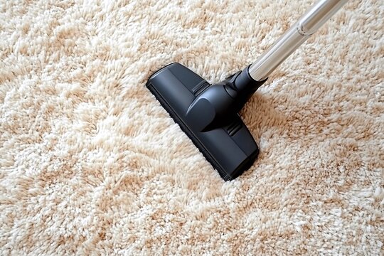 Close-up of vacuum cleaner nozzle deep cleaning thick carpet