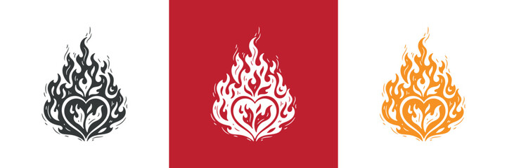 Heart on Fire. Burning Heart Symbol of Love and Passion for Valentine day design. Hand drawn vector illustration.	
