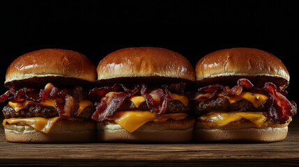 Three hamburgers with bacon and cheese on a wooden table