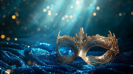 A gold and blue masquerade mask on a blue background