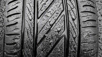 A close up of a tire with water droplets on it