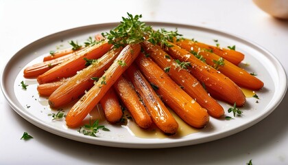 sauteed glazed carrots with butter and brown sugar served on a white plate garnished with herbs for added flavor