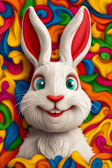 A white rabbit with green eyes and a big smile on its face