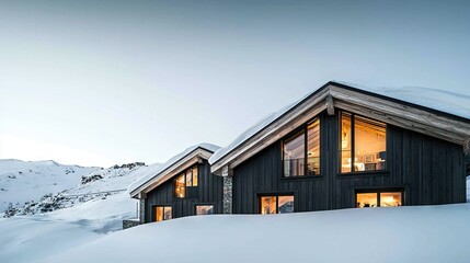   A snowy house on a mountaintop at night overlooks majestic distant mountains