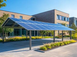 Solar panel structure providing shaded area in an eco-friendly building complex during a sunny day