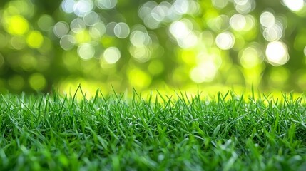 a close up of a green grass field with trees in the background
