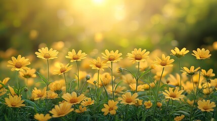 Obraz premium A field of yellow flowers with the sun shining through them