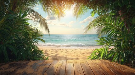 Fototapeta premium A wooden deck overlooking a tropical beach with palm trees