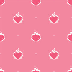Pink Hearts on Fire Seamless Pattern. Burning Heart Symbol of Love for Valentine day design. Hand drawn vector illustration.	