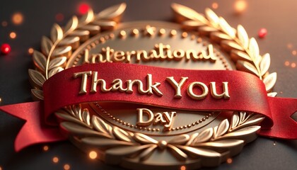 International Thank You Day emblem with golden wreath, red ribbon, and glowing festive elements for celebration of gratitude
