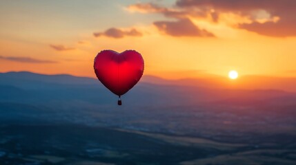 Fototapeta premium Heart Shaped Balloon Soaring During Sunset Over Mountains