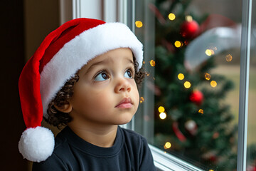 Young Boy in Santa Hat Looking Out Window