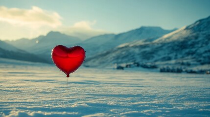 Fototapeta premium Red Heart Balloon in Snowy Mountain Landscape