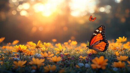 A butterfly flying over a field of yellow flowers