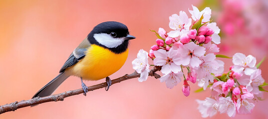 Fototapeta premium Beautiful Bird perched on Cherry Blossom Branch