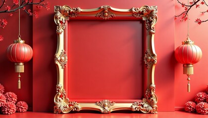 Ornate golden frame with glowing red Chinese lanterns and cherry blossoms on a festive red background for cultural celebrations