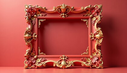 Ornate golden and red decorative frame with intricate floral patterns on a solid red background for festive or artistic use