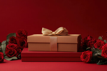 Elegant gift boxes with golden bows surrounded by red roses on a rich red background, perfect for Valentine's Day, romantic gifts, or luxury product promotions. Ample space for custom text.