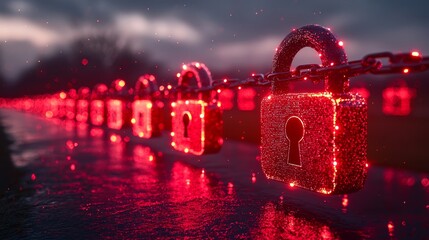 A row of red padlocks on a chain over a body of water
