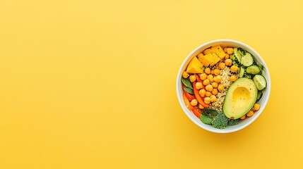  Yellow background, white bowl filled with diverse fruits & veggies