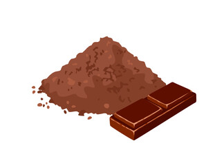 Chocolate bar piece and heap of cocoa powder isolated on white background. Vector cartoon flat illustration.