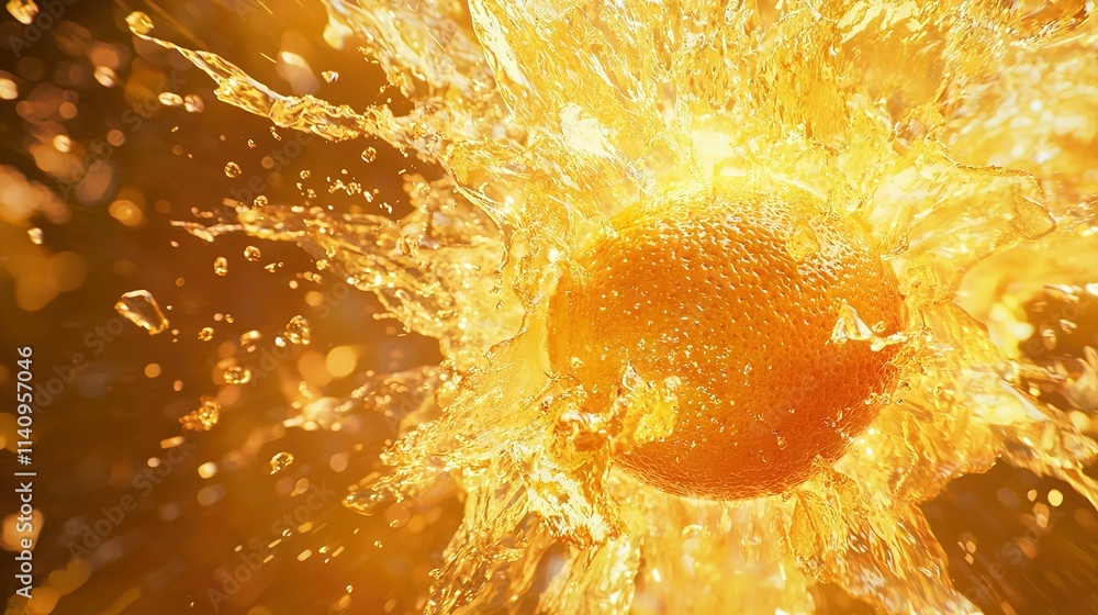 Poster orange with water splashing out of its center and around its edges