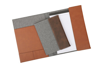Leather and fabric flap portfolio. isolated png background.