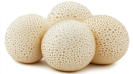 A group of four white mushrooms on a white background