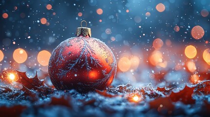 A red christmas ornament sitting on top of a snow covered ground