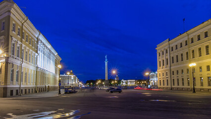 Palace Square and Alexander column timelapse hyperlapse in St. Petersburg at night, Russia.