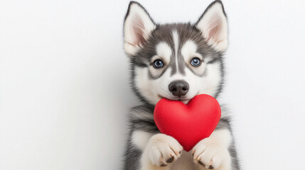 Fototapeta premium Cute husky dog holding a red heart on a white background, Valentine's Day theme