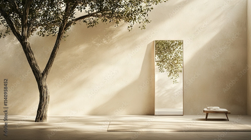 Poster a tree and bench in front of a wall with a tree and bench in front of it