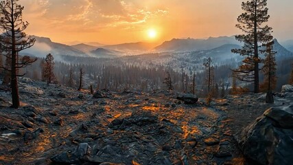 A stunning sunset casts warm hues over a burned forest landscape, illuminating the rocky ground and distant mountains at twilight. - Powered by Adobe