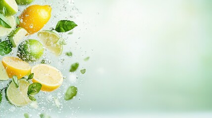   A group of lemons, limes, and mints is tumbling into the water against a green and white backdrop