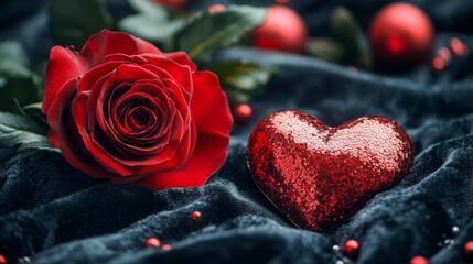 Red Rose and Glittery Heart on Dark Fabric