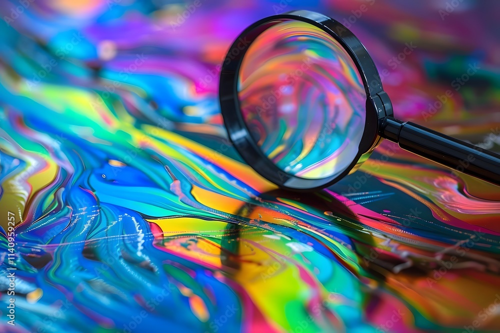 Fototapete black magnifying glass examining vibrant abstract patterns on desktop surface. generative ai