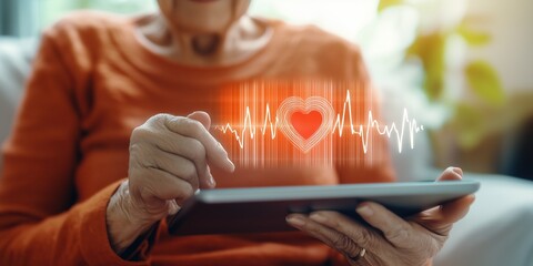 Elderly Woman Using Tablet to Monitor Heart Rate and Health Data
