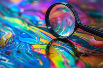 black magnifying glass examining vibrant abstract patterns on desktop surface. generative ai