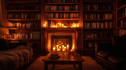 Cozy home library with fireplace and candles.