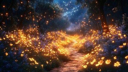 Magical glowing flowers line moonlit path.