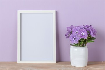 Fototapeta premium Empty picture frame, purple flowers, vase, white background, copy space, home decor, interior design, spring decoration, minimalist, mock-up