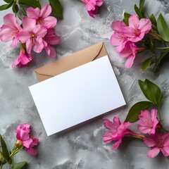 Beautiful arrangement of pink flowers surrounding a blank envelope on a textured surface