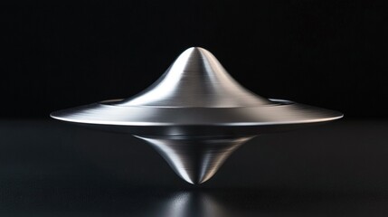   A black table sits at the center of a room with a black wall as its backdrop Upon the table rests a silvery object