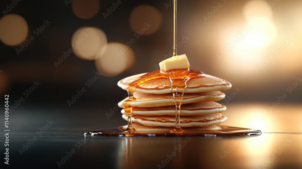 Poster a stack of pancakes with butter and syrup on top