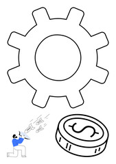 Worker with wrenches adjusts machinery near large gear and dollar coin. Ideal for industry, economy, business strategy, teamwork, labor, finance, productivity. Line metaphor