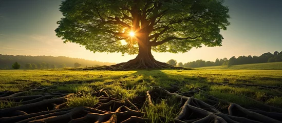 Majestic tree with intricate roots spread out, vibrant green leaves, surrounding grass,
