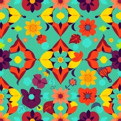 Vibrant Floral Fiesta: Teal background, seamless pattern, fiesta, flowers, bright, colorful, summer, spring, textile, fabric, design, wallpaper, background, pattern, vibrant, cheerful, festive.